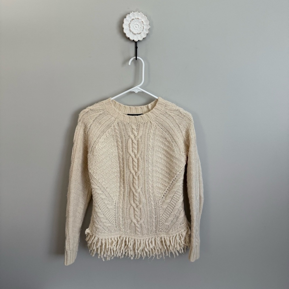 Banana Republic Small Cable Knit Sweater Fringe Cream Merino Wool Alpaca Blend